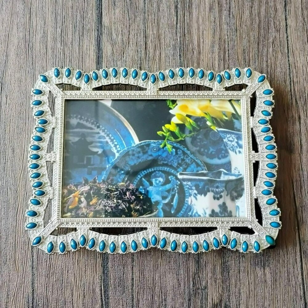 Silver-Tone Photo Frame With Turquoise Faux Gems and 5x7 Vintage Print